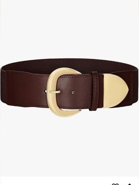Women’s Wide Brown Leather Elastic Belt with Gold Buckle